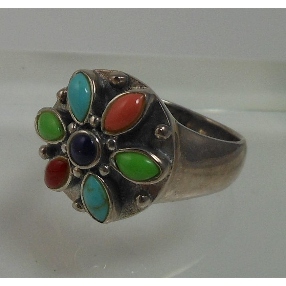 Vintage Designer Sterling Silver Turquoise Coral Garnet Ring - Size 7.75 - Picture 6 of 10